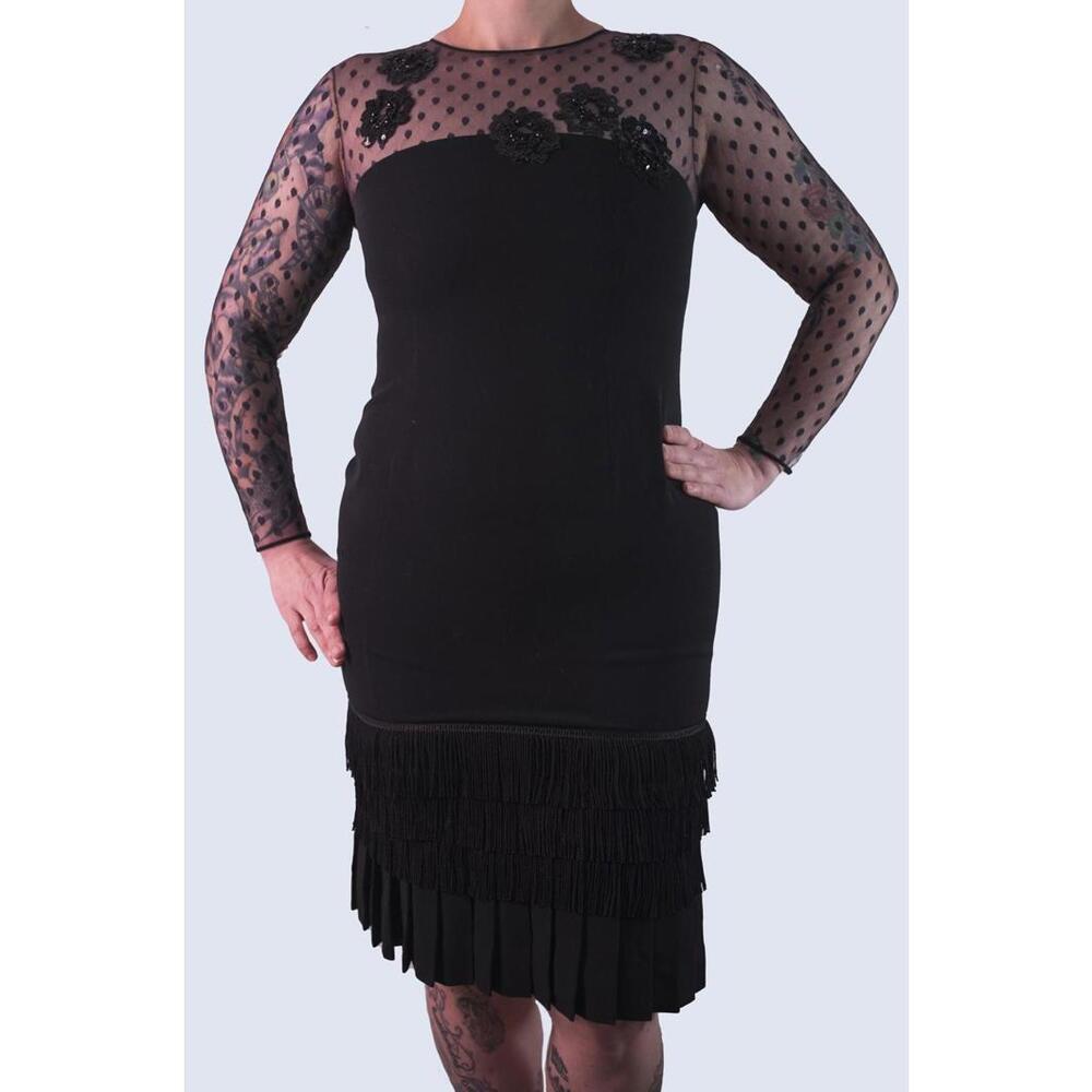 Bill Blass Black Evening Dress Sheer Polka‎ Dot Fringe Sequin Accents Black